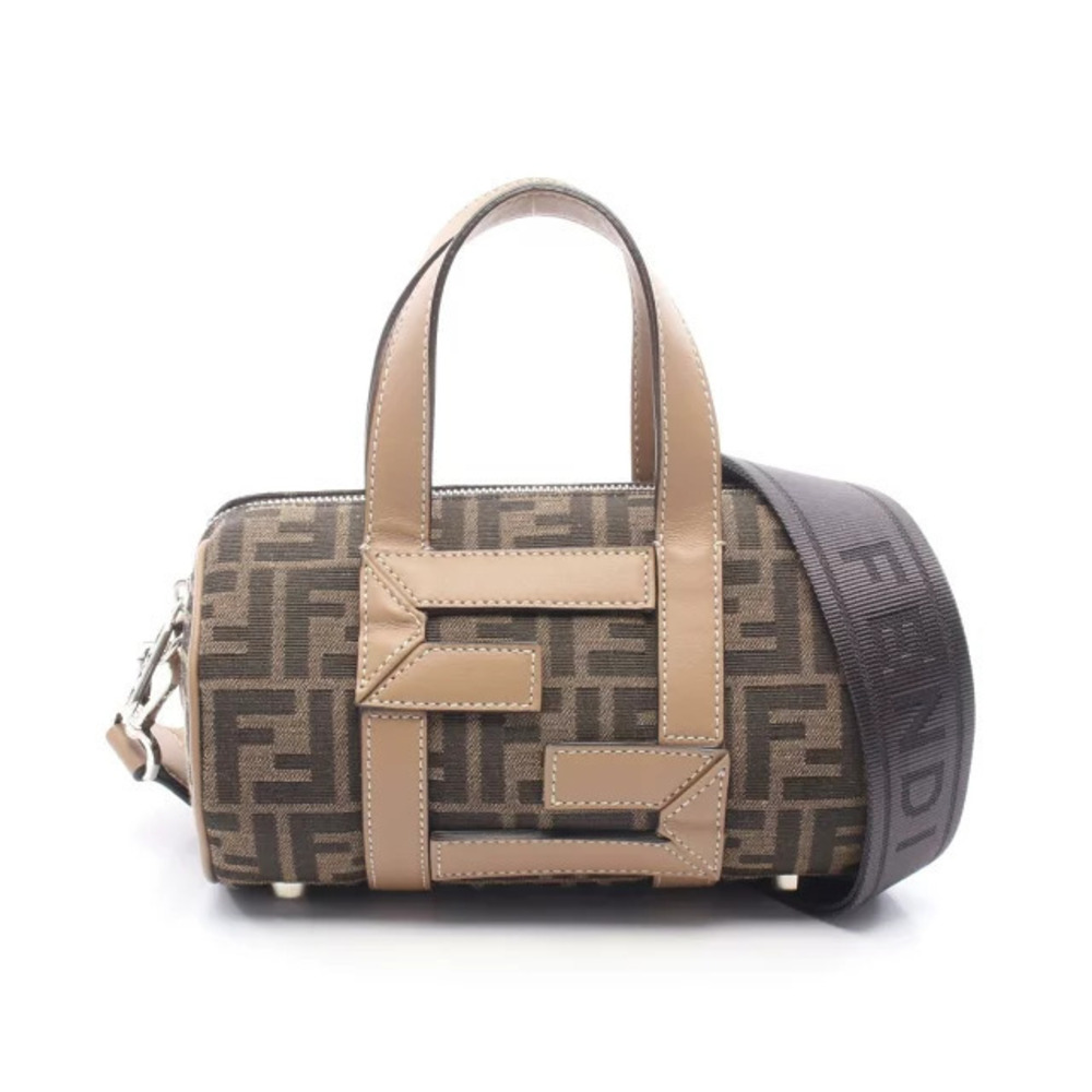 Fendi Zucca Handbag Canvas Leather Black Beige Cream
